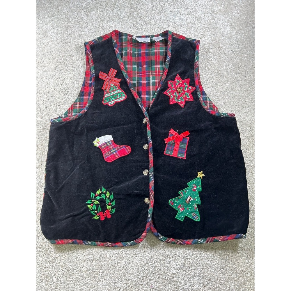 Casey & Max Women's Christmas Holiday Vest Black Plaid Lined L